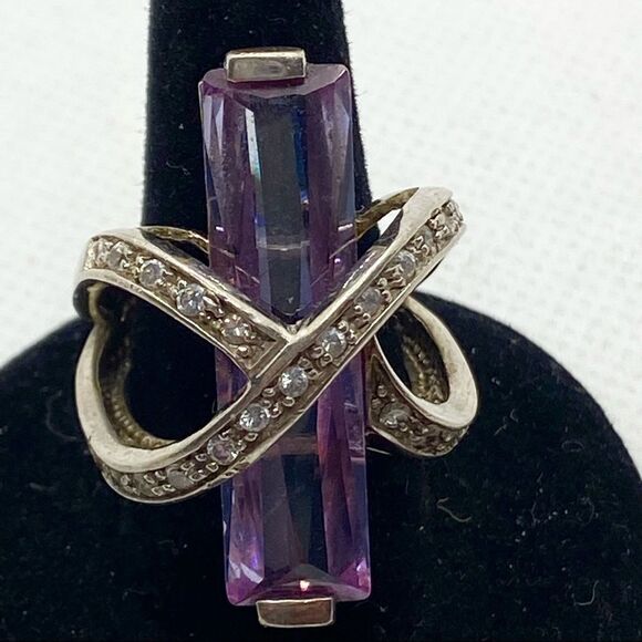 Sterling silver rectangular baguette gem rhinestone studded statement ring - 6.5 - Picture 1 of 6
